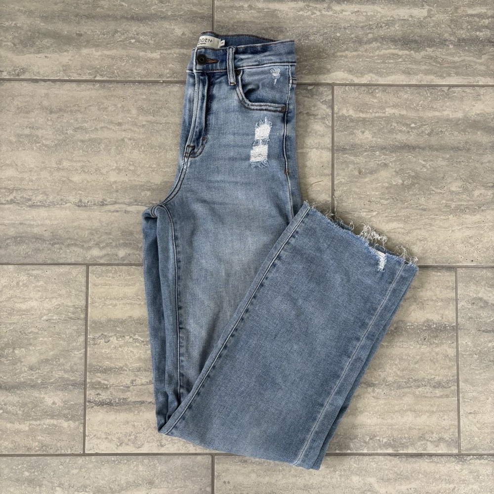 hidde wide leg High Rise distressed Blue Raw Hem Size 23
